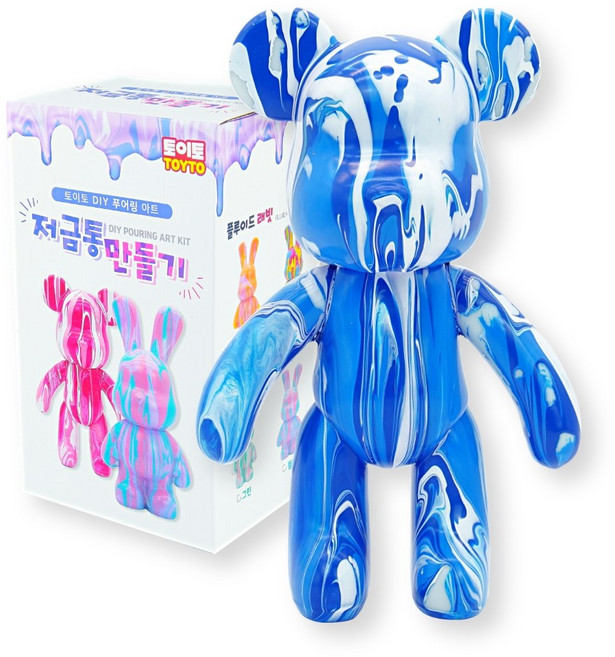 DIY 푸어링 아트 키트 플루이드 베어 래빗 피규어 저금통 만들기 세트, 베어_화이트 스카이블루 블루