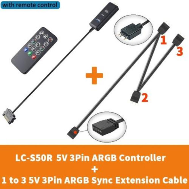 TEUCER LC-S50R 미니 어댑터 컨트롤러 ARGB 5V 3PIN-SATA 인터페이스 익스텐션 케이블 PC 선풍기 라이트 스트립용 리모컨 포함, S50R to 3, 10 S50R to 3