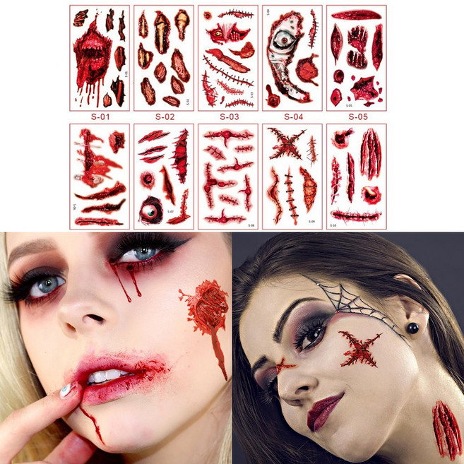 (주)에이스샵_할로윈 타투(10장) 문신 타투 헤나 좀비 상처타투 분장, 1세트, 타투스티커(T-10장)