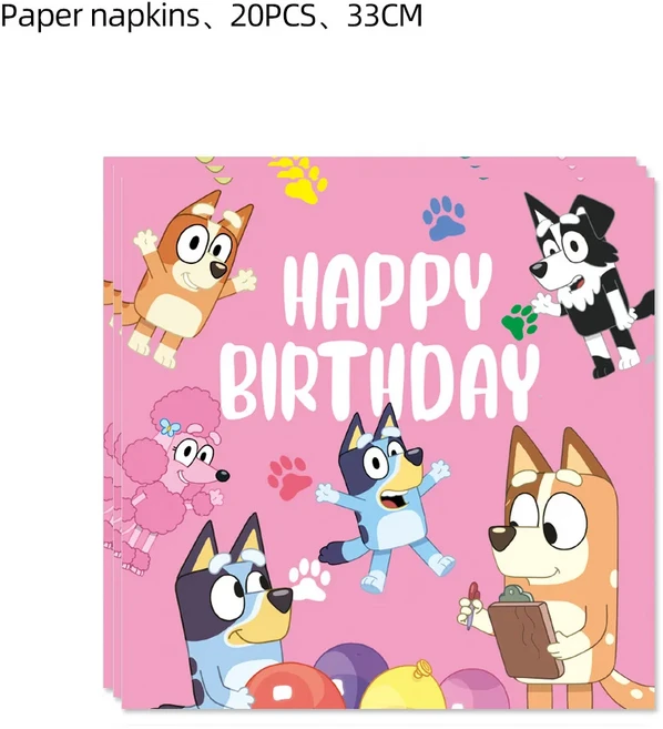 뜨거운 만화 Bluey/Bingo 가족 생일 파티 장식 케이크 일회용 종이 접시 세트 배너 교수형 플래그 풍선, 03 Paper towel 20pcs