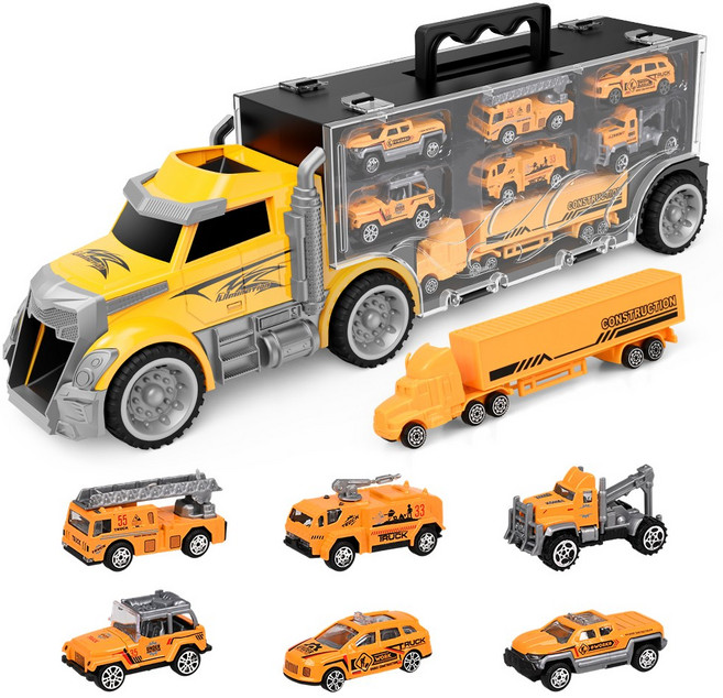 LOMESO 트럭캐리어 미니카 세트 자동차 장난감 카캐리어 트럭 완구, 옐로우, 1세트