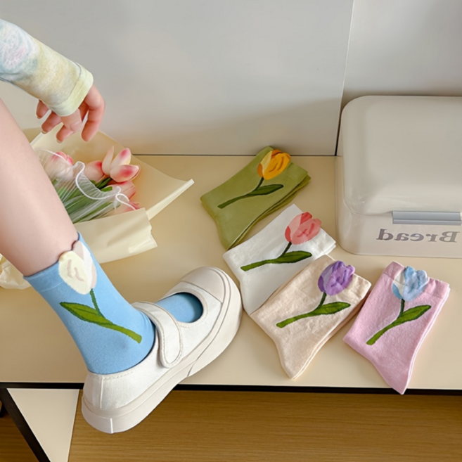 여성용 감성 꽃 한송이 패턴 러블리 중목 양말 5켤레
