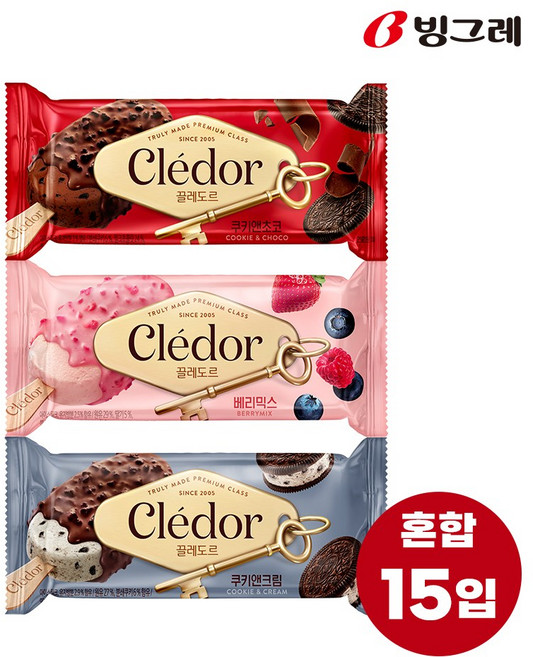 빙그레 끌레도르 바 3종 혼합(쿠키앤크림5+베리믹스5+쿠키앤초코5) 총 15개, 90ml
