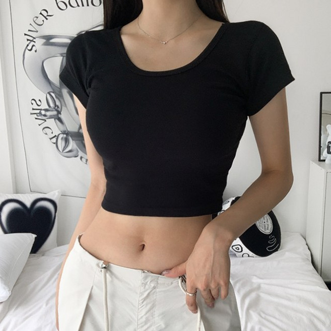 가성비최고/3col 퍼스트 슬림핏 딥유넥 반팔 크롭 골지 티셔츠