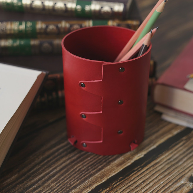 705 가죽 공방 빈티지 연필 만년필 꽂이 펜 트레이 연필통 책상 꾸미기 데스크 필통 오피스 수납함 용품 필기구 정리 수납, 레드