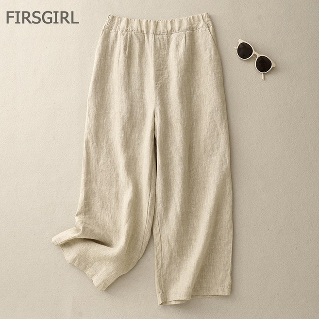 FIRSGIRL 여성 여름 린넨 9부 팬츠 면마 밴딩 하이웨스트 와이드 편한 데일리