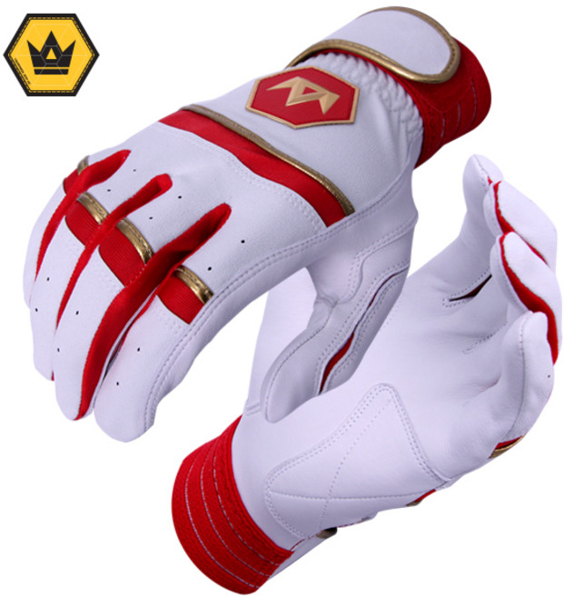 크라운비 커스텀 골드에디션 천연양피 배팅장갑 야구장갑, 화이트레드, 1개