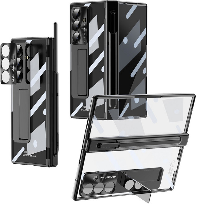 Elvo 갤럭시 Z폴드 7/6 투명 케이스 힌지보호 일체형 액정보호필름 하드 도금 풀커버 케이스 거치대 S펜 포함 2개힌지 교체 가능