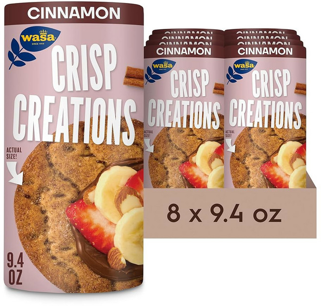 Wasa Cinnamon Crisp Creations 266.5g(9.5온스) (8개 팩) 간식 등을 위한 대형 원형 토핑 크래커 풍성한 크런치가 있는 건강에 좋은 오븐 베이, 2 Crisp Creations 시나몬, 266.5g(