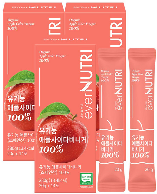 에버뉴트리 스페인산 유기농 애사비 100% 애플사이다비니거, 3개, 280g