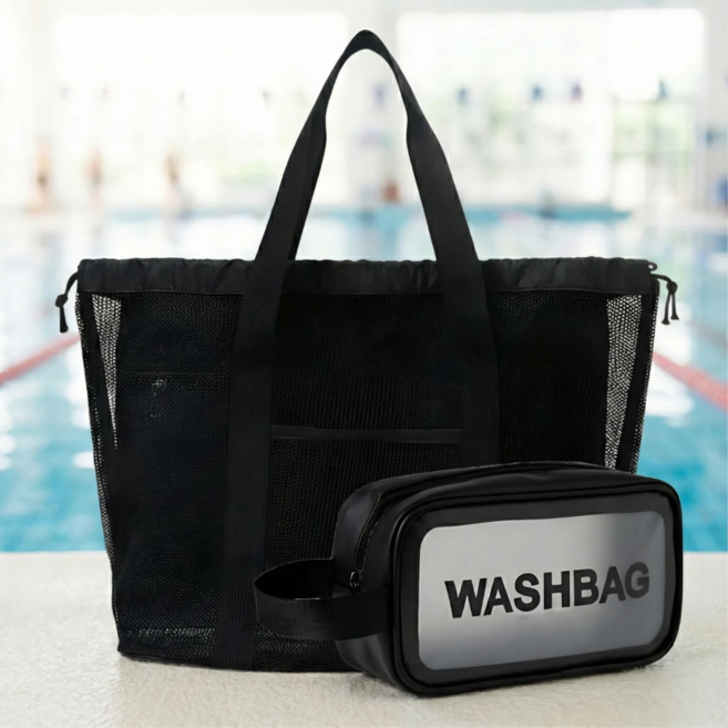 프렌델리 물빠짐 매쉬백 + 방수 워시백 수영 목욕가방 세트, 블랙