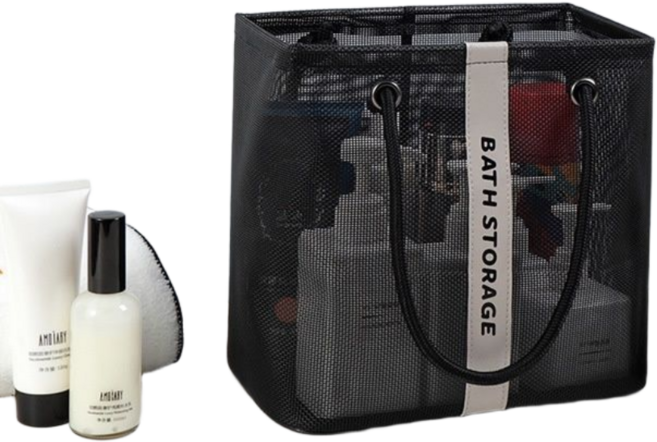 라이프툴스 메쉬 목욕가방 세면파우치 욕실 샤워백 수납바구니 손잡이형 세면도구 수납가방, 시크블랙