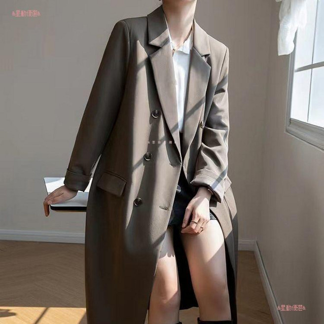 韓版長款西裝風衣女 春秋薄款上衣, 咖啡色,2XL 建議67.5公斤左右