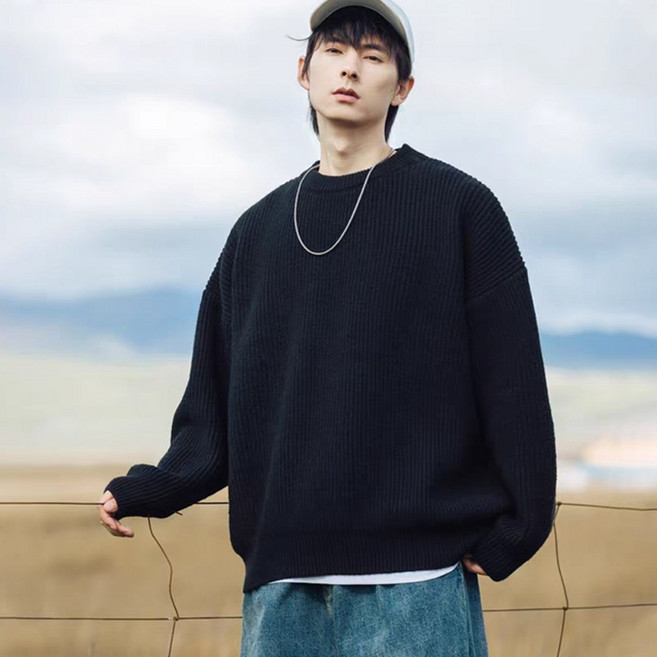 소리울 남자 라운드넥 오버핏 두꺼운 니트 스웨터 베이직