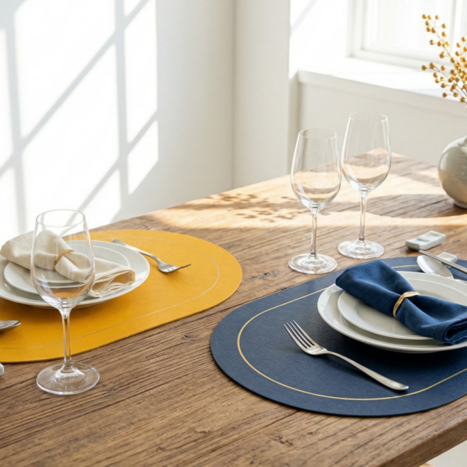 올리올망 양면 식탁 테이블 매트, 2개, 44.5 x 30.5 cm, 옐로우+네이비