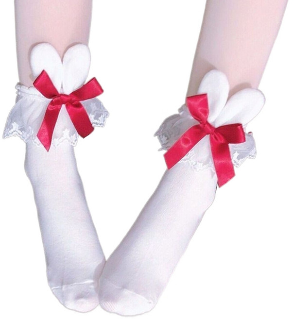 로리타 카와이 3D 토끼 귀 코튼 크루 양말 여성 프릴 러플 레이스 스위트 리본 보크노트 니트 발찌 호시에리