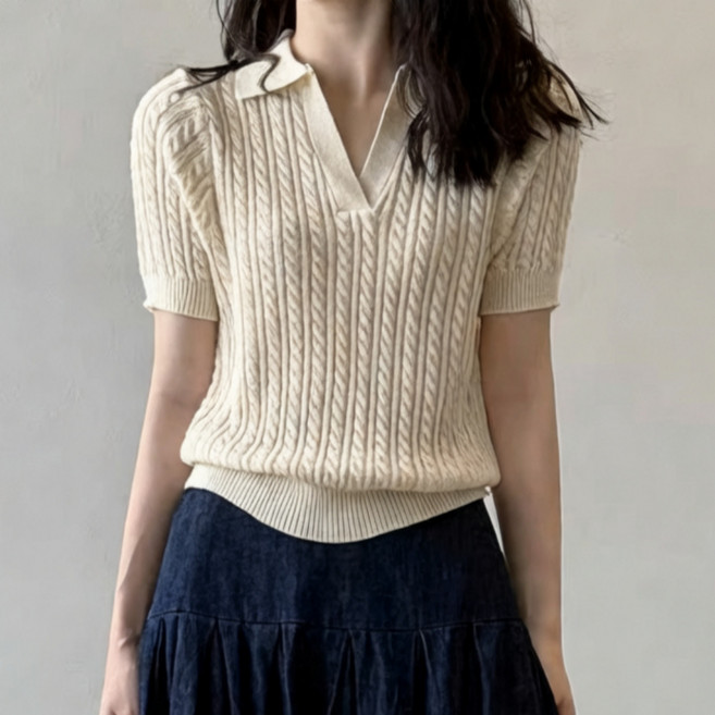 컴위즈 여성 여름 카라 반팔 니트 여리여리 꽈배기 데일리 니트티