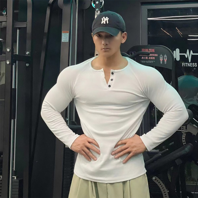 MDIVGYM 남성 헨리넥 머슬핏 골지 긴팔 코튼 티셔츠