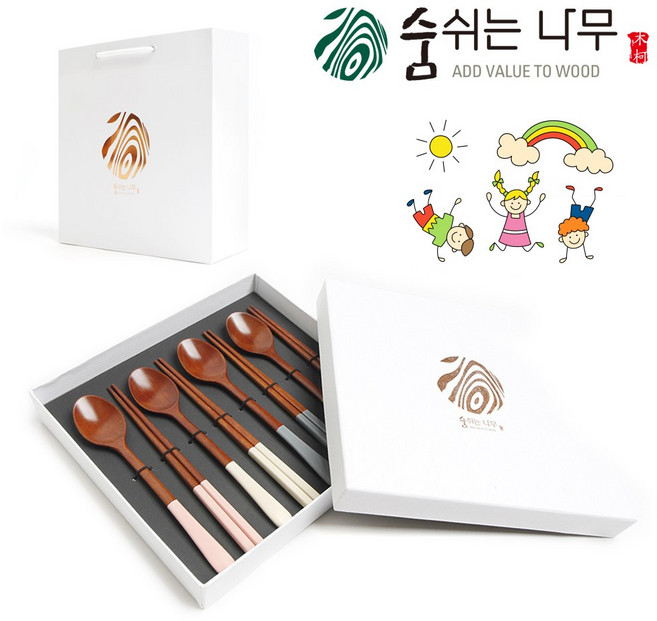 숨쉬는나무 천연옻칠 나무 수저 4인 선물세트 고급형 쇼핑백포함 사은품증정, 파스텔 수저 4인 선물세트, 1세트, 핑크+크림+그레이+모카