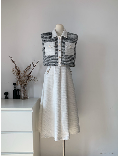 트위드 크롭 재킷 & 롱 스커트 투피스 셋업