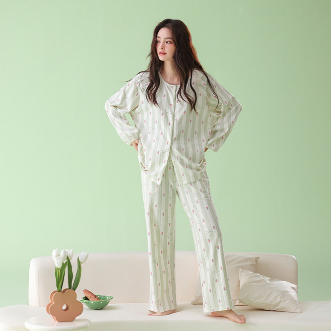 春季棉圓領開衫女士長純棉袖家居睡衣