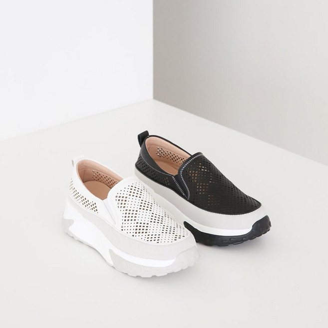 슈라인 깔끔한 봄 여름 펀칭 발편한 여성 천연소가죽 슬립온 키높이 통굽 운동화 4cm