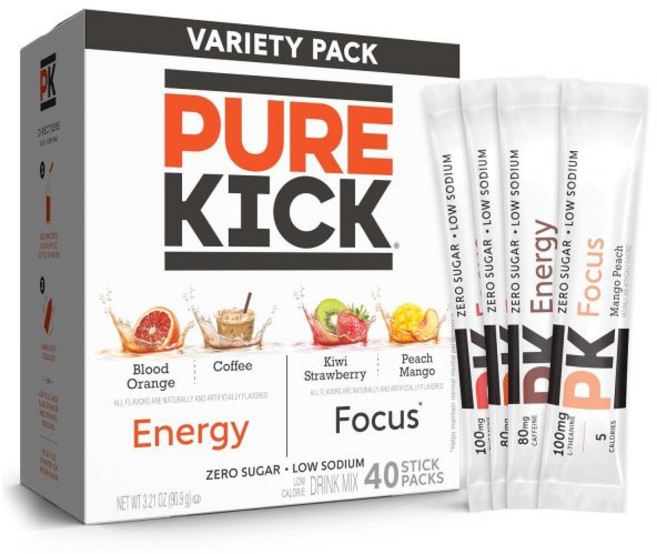 PURE KICK 아이스티 에이드 원액 분말 가루 퓨어 킥 에너지 앤드 하이드레이트 싱글 투 고 드링크 믹스 다양팩 블랙 체리 석류 오렌지 패션 프루트 딸기 수박 콘코드 포도, 다양성 - 에너지 & 집중