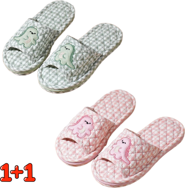 귀여운 공룡 순면 3중 쿠션 층간소음방지 무소음 실내 슬리퍼 2종 세트, 2개, 핑크+그린