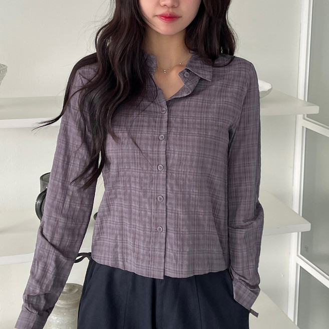 [디아미뇽] 폴센트 체크 셔링 스트링 크롭 남방 셔츠