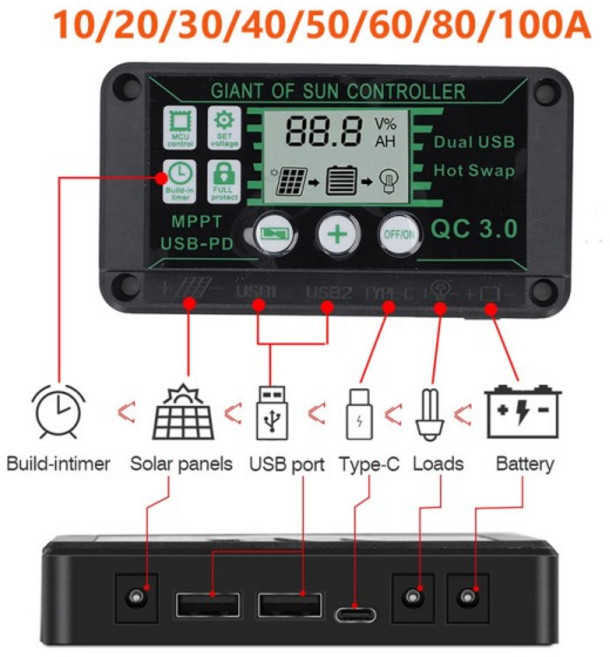 20/30/40/50/60/80/100A 태양열 충전 컨트롤러 MPPT 12V 24V 충전 컨트롤러 듀얼 USB 자동 태양 전지 패널, 02 30A