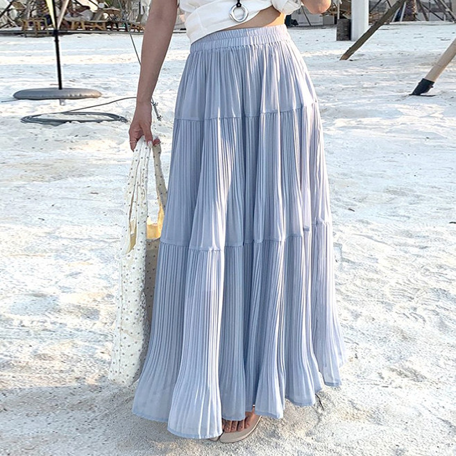 네모엔룩 캉캉플리쉬폰 여성용 3단주름 허리밴딩 시스루 맥시 A라인 캐주얼 플리츠 롱 스커트