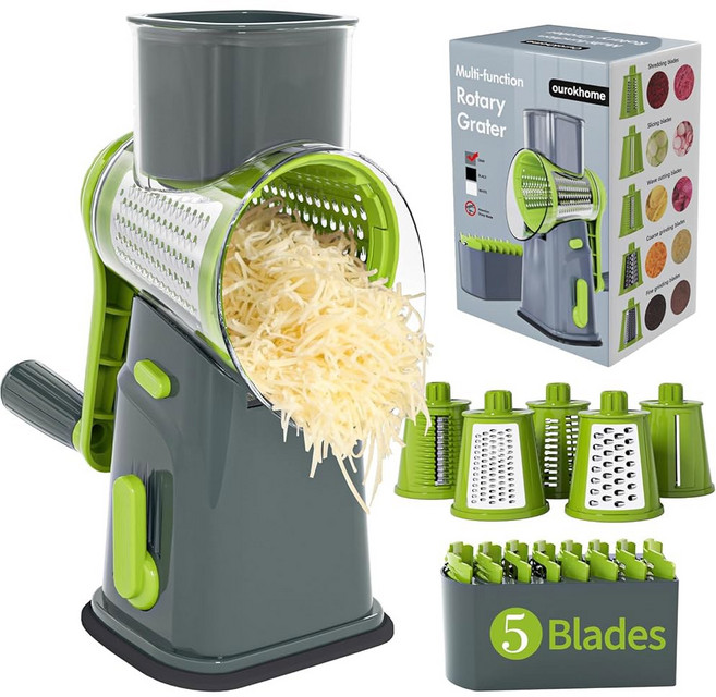 OUROKHOME 회전식 블레이드 만돌린 치즈 슬라이서 가능한 슈레더 교체 야채 강판, 회색.