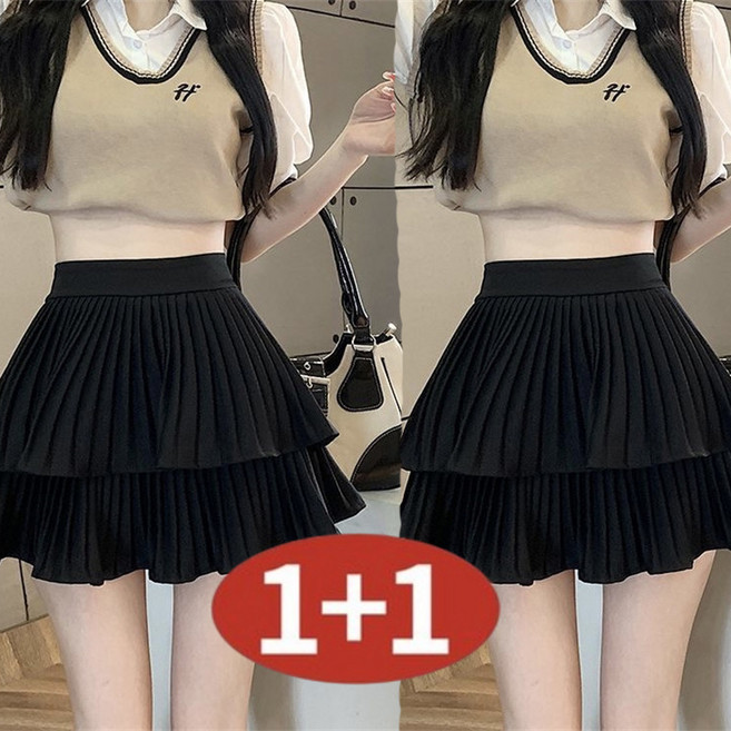 AOKADA [1+1] 여성용 여름 하이웨이스트 2단 캉캉 플리츠 미니스커트 밴딩 주름 치마 속바지 내장