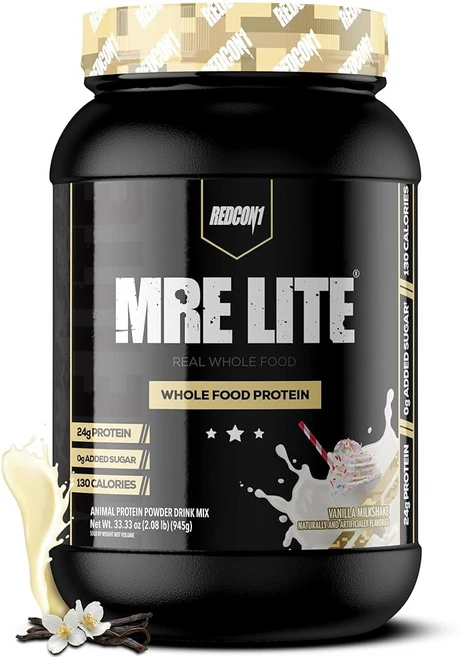 레드콘1 MRE 라이트 홀푸드 단백질 파우더 퍼지 브라우니 - 동물성 블렌드로 저탄수화물 및 유청 무료 식사 대체 MCT 오일로 만든 소화하기 쉬운 보충제 (30인분), Vanilla Milkshake, 945g, 1개 - 쿠팡