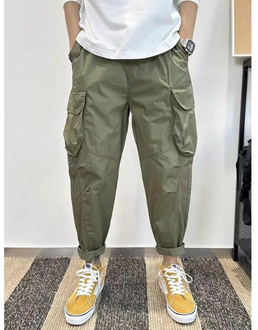 남성 봄 가을 카고 바지 캐주얼 일자 와이드 배기 바지 패션 빅포켓 조거 팬츠 루즈핏 9부 카고 팬츠 빅사이즈 CY