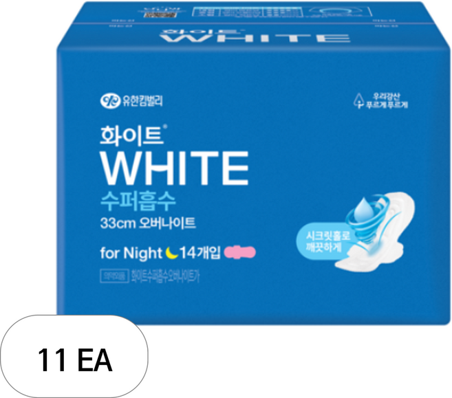 화이트 수퍼흡수 날개형 생리대, 오버나이트, 14개입, 11개