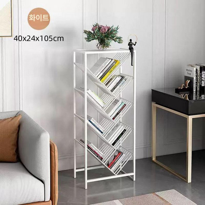 트리형 책꽂이 스탠드 연철 사선 북트리 북타워 책장, 1단, 화이트 높이 105 설치불필요