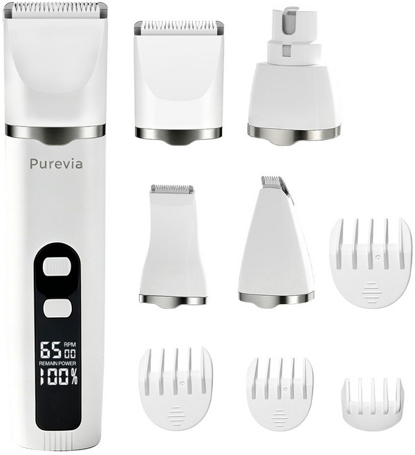 Purevia 4in1 반려동물 바리깡 이발기 강아지 제모기 고양이 털제거기 애견용 발바닥 클리퍼 LED 세라믹 미용기, 1개, 화이트