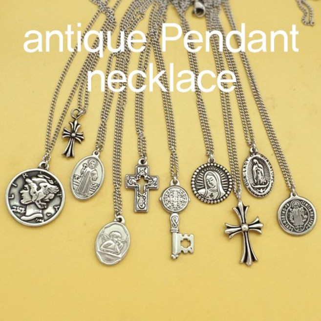 [10종 균일가] 엔틱 팬던트 써지컬스틸 목걸이 / 남녀공용 남자 남성 커플 여자 여성 실버 코인 열쇠 십자가 타원 체인 데일리 투라인 레이어드 핸드메이드 자체제작