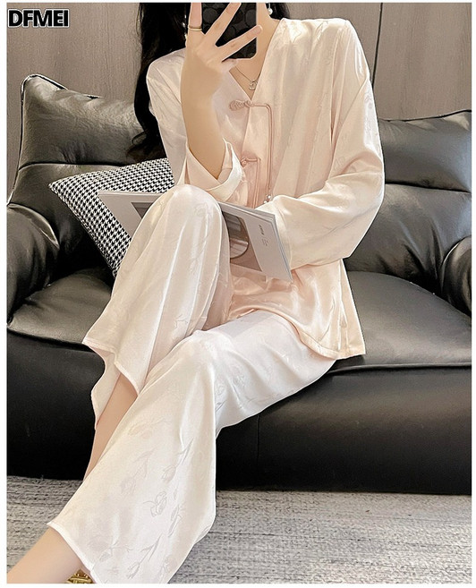 QRU 25款新中式睡衣女冰絲春秋款長袖絲綢套裝夏高級感國風家居服