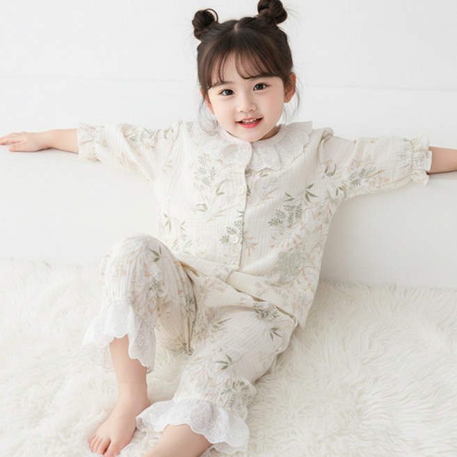 몽실이 레이스카라 거즈면 긴팔상하복 아동 어린이 여아용 무형광 홈웨어 파자마 실내복 자매룩