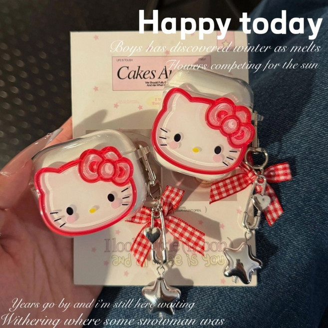 삼성 갤럭시 버즈3 갤럭시 버즈3 프로 실리콘 블랙 캣 케이스 + 카라비너, 1개, 레드 체크 리본 키티 고양이, 갤럭시 버즈 2