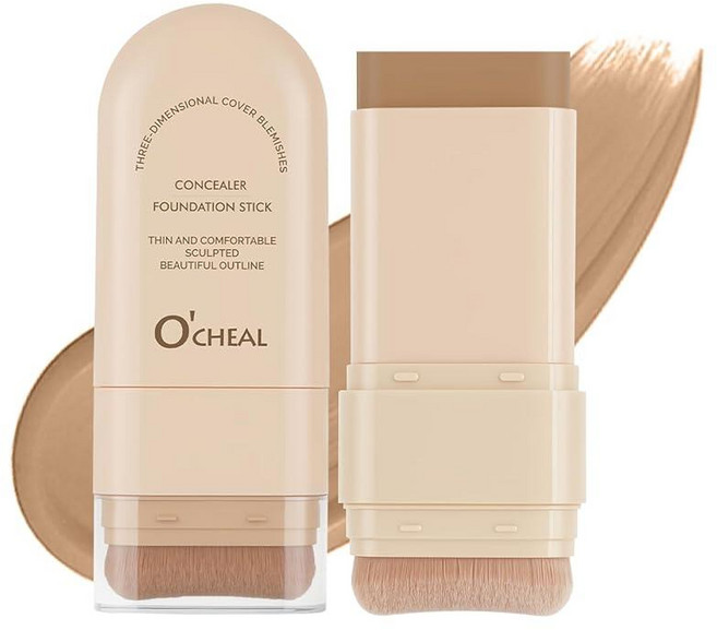 O'CHEAL 컨실러 파운데이션 스틱 2 in 1 롱래스팅 스틱 컨실러 브러시 포함 다크 서클 및 잡티를 위한 풀 커버리지 페이스 컨투어 08#옐로우 컴플렉션, 05#브라운 옐로우
