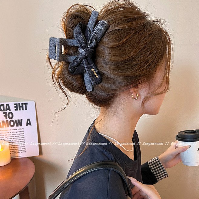 格紋蝴蝶結抓夾女後腦勺髮夾子髮飾