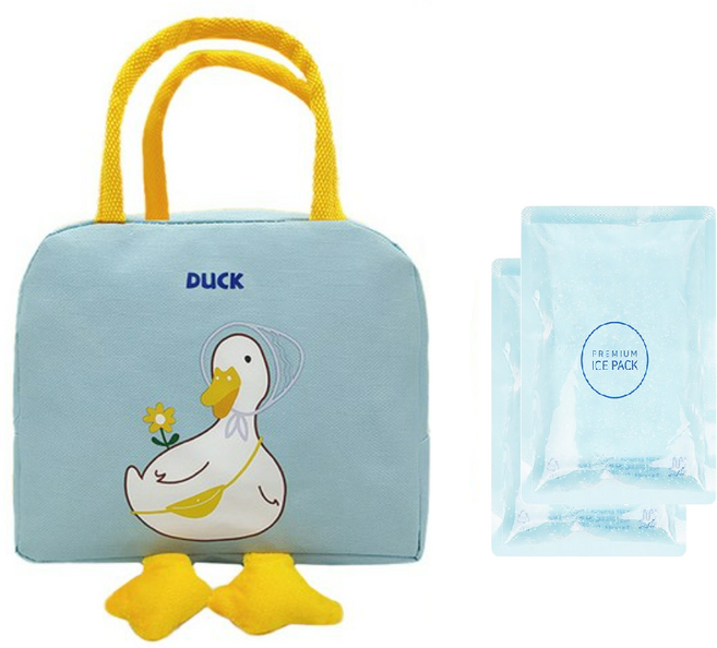 헬퍼샵 오리 보온 보냉백 5종 색상 도시락 가방, 블루 1개 + 젤 아이스팩 세트