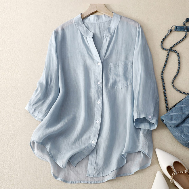 플랜앤유 여성 린넨 반팔 셔츠 루즈핏 여름 체형커버 블라우스