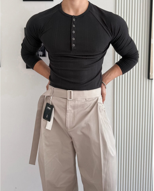 Sawen 머슬핏 골지 버튼 헨리넥 긴팔 티셔츠 슬림핏 스판 남자 봄 가을 겨울