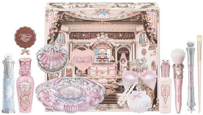 Flower Knows Shell's Jewel 12피스 메이크업 박스 세트 립글로스 2개 블러시x1 아이섀도우 팔레트 1 하이라이터 x 3 헤어 클립x1 미니 파우더 퍼프x1, 02 씨사이드 위스퍼