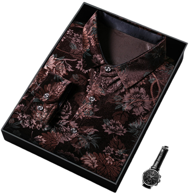 남자 댄스복 추동 골드 벨벳 긴팔 셔츠 남 빅사이즈 루즈핏 핫 프리 캐주얼 플라워 셔츠 S65666