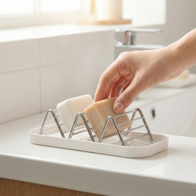 코지로그 물빠짐 스텐 미니멀 비누받침대, 1개, 실버+트레이